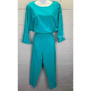 Vtg 90s Teal Blue Cotton Gauze Jumpsuit Shoulder Button Ruched Waist Size Medium